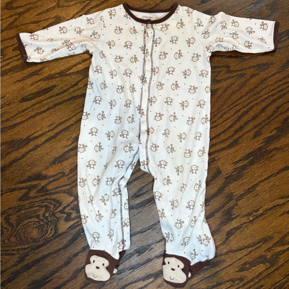 Little Me White and Brown Monkey Print Footie